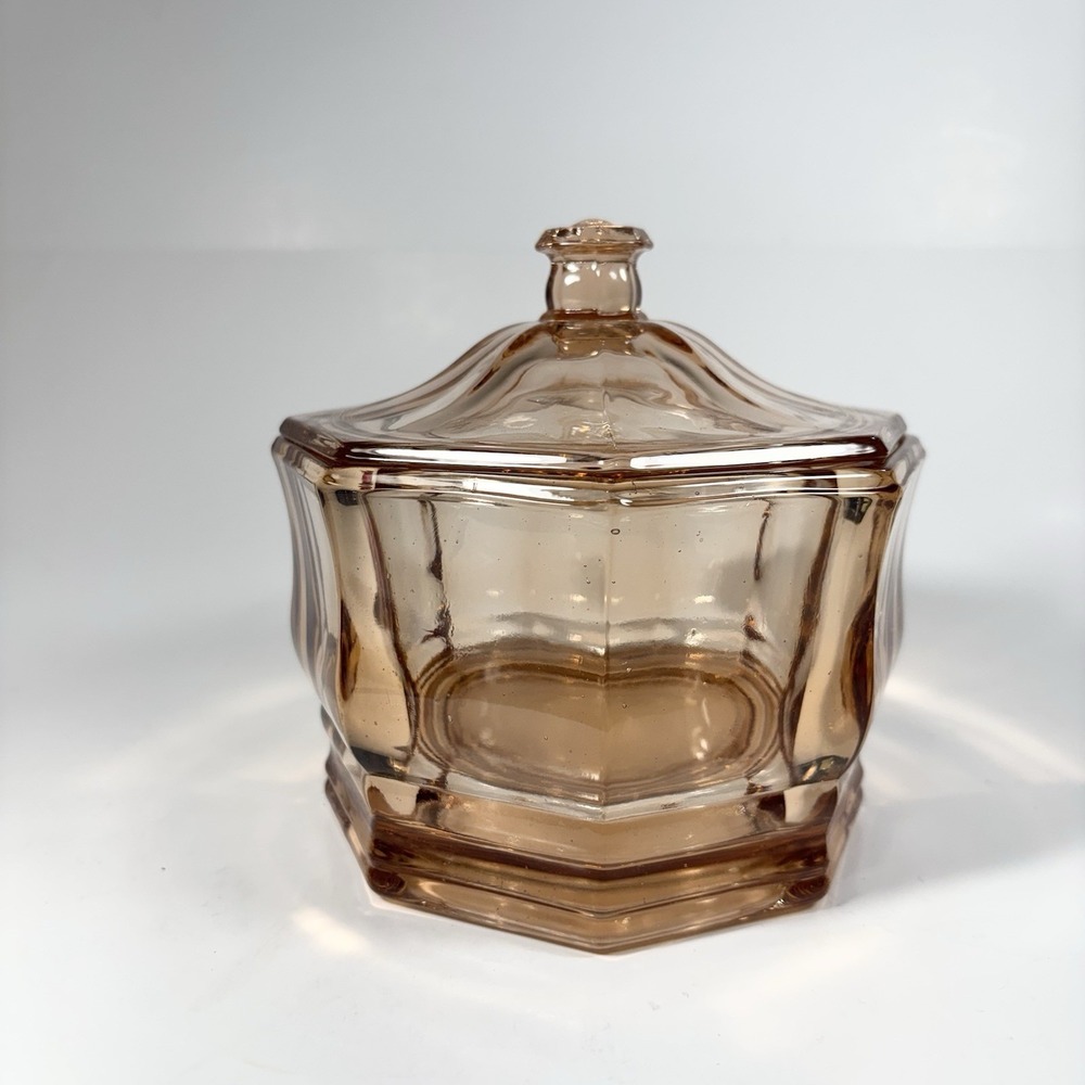 Vintage Pink Indiana Glass Concord Pattern Octagon Covered Candy Dish Vanity Jar